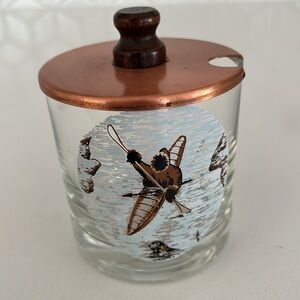 VINTAGE Glass Condiment Sugar Pot Copper Lid Wooden Knob Inuit Kayak Design